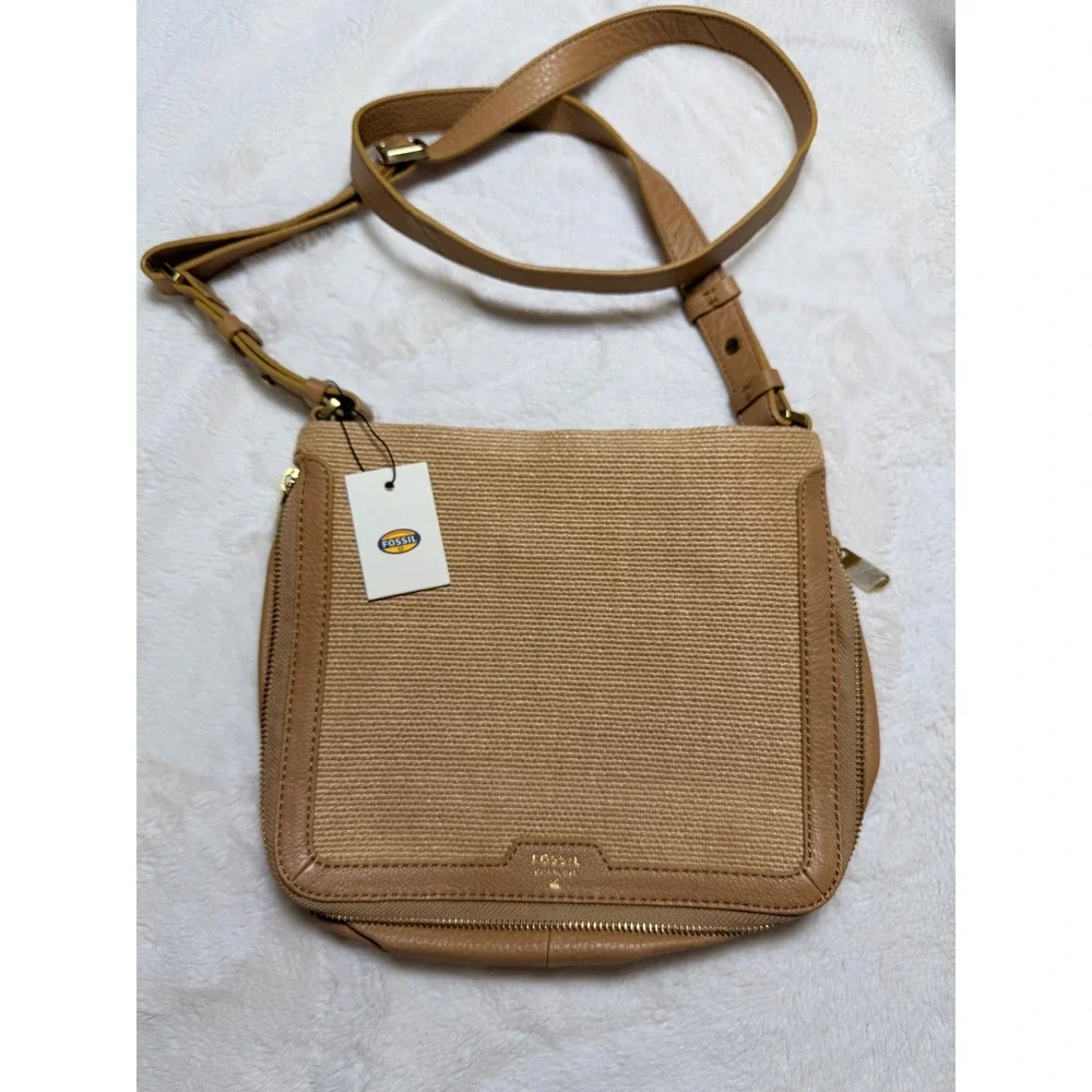 Fossil Preston Straw Crossbody Bag Beige Leather Trim New with Tags